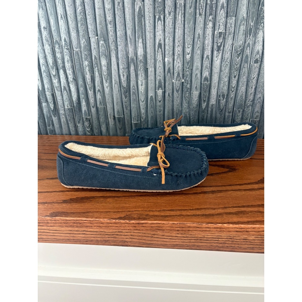 Minnetonka Cally Navy Blue Suede Faux Fur Moccasin Slippers 40414 Womens 9 - Picture 3 of 7